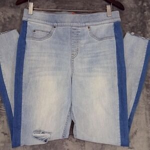 Spanx Jeans Womens Large Light Wash Pull On Side Stripe Distressed Raw Hem Blue